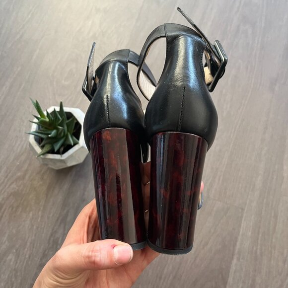 Diane Von Furstenberg Black Leather Sandals with Tortoiseshell Heel Detail - Picture 6 of 13